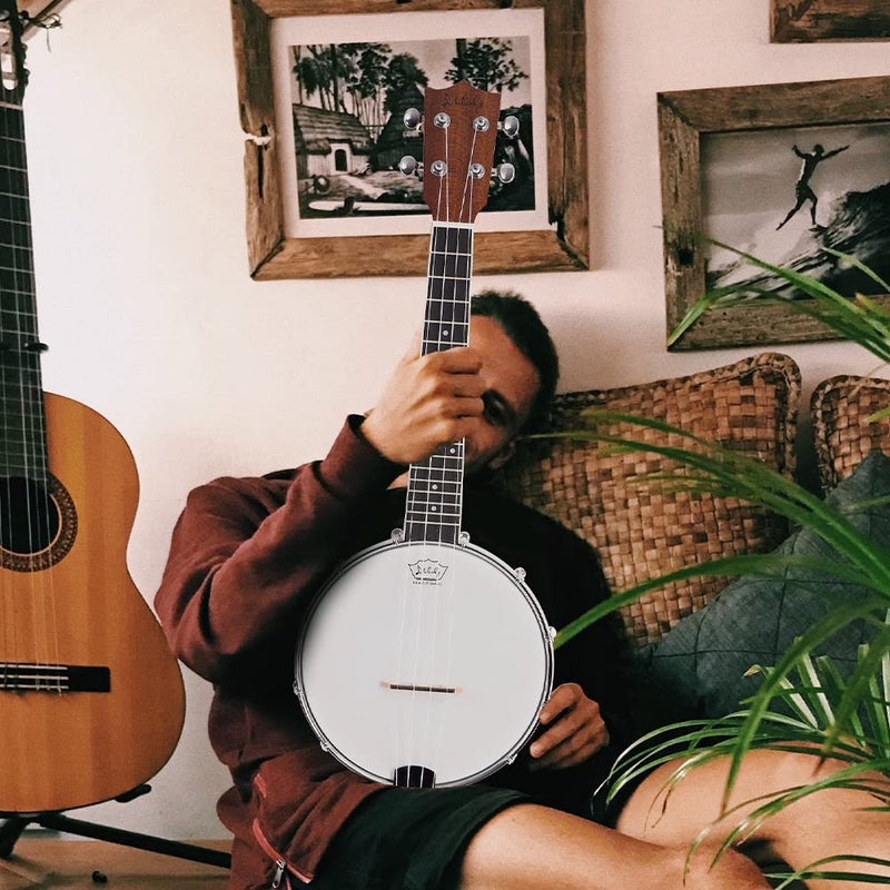 Mulucky 4-String Banjo Ukulele | Banjolele 23" Sapele Wood with Remo Head & Nylon Strings | Dark Brown Travel Kit (Bag, Tuner, Picks) - BU806 - Image 2